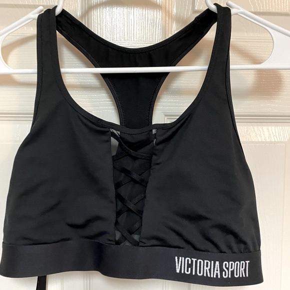 Victoria Secret Sports Bra Mesh Lace Up Front Black size XL - Picture 1 of 4